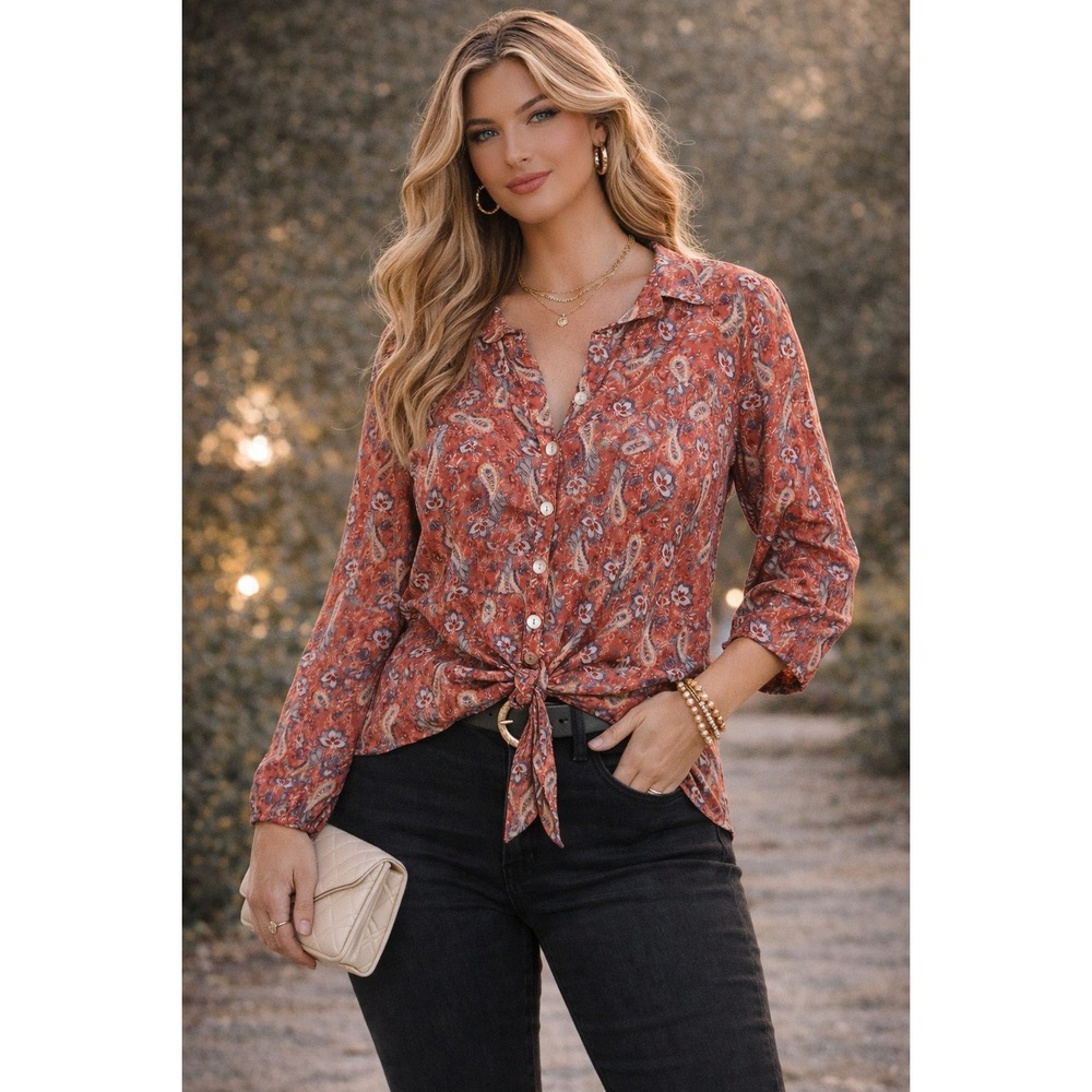 Bloomfield Top Womens L Orange Paisley Boho Peasant Cottagecore‎ Textured Floral